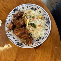 Buffet: pork belly, stir fry rice noodles  at The Vegan Shop in Hilo