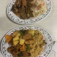Top: “pork belly”, "beef”, Singapore noodles. Bottom : sweet and sour tofu, basil tofu, fried rice  at The Vegan Shop in Hilo