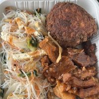 singapore node, egg patty, vegan pork belly  at The Vegan Shop in Hilo