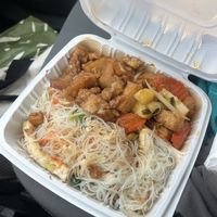 singapore noodle, pineapple tofu, vegan pork belly  at The Vegan Shop in Hilo