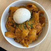 Romesco sauce, squash noodles and VEGAN BURRATA  at Impasta in Beverly Hills