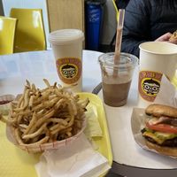 Large fries, vegan chocolate shake, and vegan single cheeseburger    at Herbie's Burgers in Albany