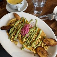 Golden milk. Huevos plantanos    at Cafe Flora in Seattle