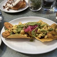 Tortilla shell, tofu, black beans, and plantains. Plantains we’re a bit plain but on the whole the dish was delicious.   at Cafe Flora in Seattle