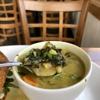 Coconut curry base with chickpeas and kale  at Cafe Flora in Seattle