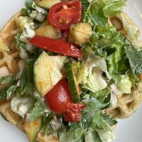 Falafel waffle! Yum  at Cafe Flora in Seattle