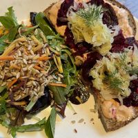 Beet toast and side saladd  at Cafe Flora in Seattle