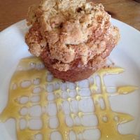 Fancy coffee cake with honey  at Cafe Flora in Seattle