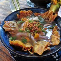 Dumpling soup, mild broth but everything's tasty together. Noodles underneath at Rou Vegan in Berlin