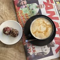 oat milk latte and chocolate vegan raw balls  at The Coffee Grinder in Datca