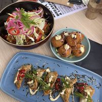 Loaded Fries (top left), Vegetable Gyozas (bottom), Bitterballen (top right)  at Zeta in The Hague