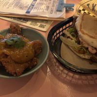SHAWARMA Pita (Shawarma, Pink Garlic Sauce, Harissa Tomato, Roasted Eggplant Spread) 9,50€, CRISPY OYSTER MUSHROOM (in a crispy Cajun and 5 spice crust with mango chutney) 8€  at Zeta in The Hague