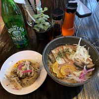 Tasty shiitake dumplings. Orgasmic pecan noodle ramen.  at ONI in Albuquerque