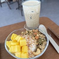 Mango yogurt bowl and soy milk tea  at Paper Nuts in Seoul