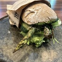 Bun sandwich with green asparagus  at Nina‘s Deli in Dreieich