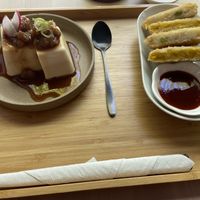 Kurumi miso tofu (cold and decent) and Korokke with potato or pumpkin (warm and both were good) at Shokudo in Utrecht