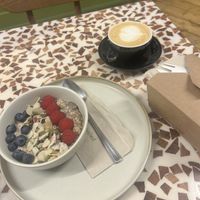 Overnight oats & oat cappuccino   at Pink Lane Coffee in Newcastle Upon Tyne
