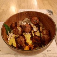 Bowl with lentil meatballs and other items at Shagra in Manizales