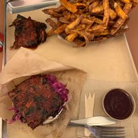 purple tempura, sweet potato fries, vegan burger, homemade tomato sauce at Patatak - La Bourse in Brussels