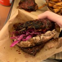 close up of the vegan burger (tempura with portobello mushroom) at Patatak - La Bourse in Brussels
