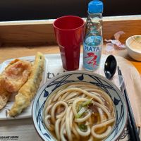 Kake Udon (with Veggie Broth), tempura courgette, red bell pepper, sweet potato, and vegetable gyoza!  at Marugame Udon in East London