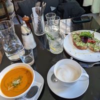 Tomato chipotle soup, avocado toast at Propeller in Vienna