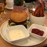 Shitake burger w fries and aioli dip  at Cultivate Food in Oslo