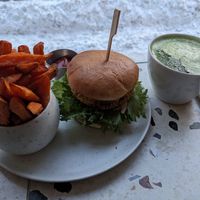 Chicken burger and sweet potato chips at Cultivate Food in Oslo