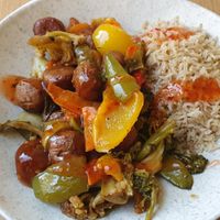Meatballs with vegetables, rice and sweet chili sauce at Cultivate Food in Oslo