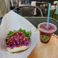 BBQ burger bun and acai berry smoothie at Luu's Bao in Osaka