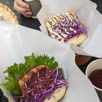 BBQ plant-based meat burger and tofu katsu yum yum yum at Luu's Bao in Osaka