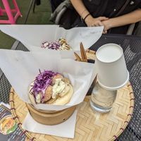 Japanese flavoured meet ball bao & bean curd cutlet bao behind it (really recommend this one!)  at Luu's Bao in Osaka