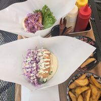 Freeze dried beancurd cutlet (front) and meat burger with bbq sauce (back) at Luu's Bao in Osaka