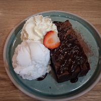 GF brownie with coconut ice cream and soy whipped cream at Vega in Spring Hill
