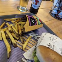 veggy chicken burger, menu fries, vegan and gluten free lager - tennents at Bunky in Aversa