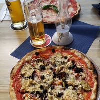 Vegan pizza (vegan cheese and tofo) at Pizzeria Boccaccio in Gran Canaria