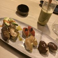 Nigiris board (you won’t regret it!) and natural citrus fruits juice (also delicious)  at Veg & the Gang - Carrer Casanova in Barcelona