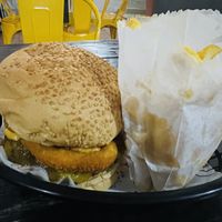 Chickpea burger with onion rings  at Morrones in Sao Bernardo Do Campo