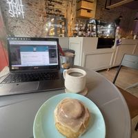 Cinnamon roll & decaf coffee 👌  at I Quit - Café & Bakery in Mexico City