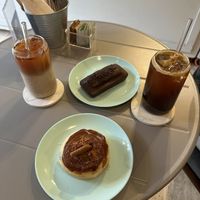 Lotus roll, vegansito dessert, iced chai latter and iced americano  at I Quit - Café & Bakery in Mexico City