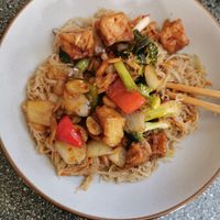 Vegan tofu Pad Prik Haeng with noodles at Camile in Bangor