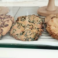 scones: maple pecan (left), perilla leaf (center), peanut chocolate ganache (right) at Omu Omu - 오무오무 in Goyang