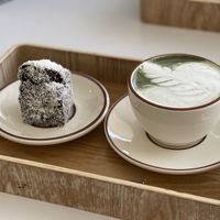 Lamimgton with green tea latte  at Omu Omu - 오무오무 in Goyang