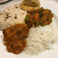 Chapatis, veg samosa, mushroom bajee, basmati rice and another veg curry we can't remember the name of: at Annapurna in Chamonix-mont-blanc