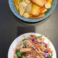 Bún Bò Huế Chay (spicy vermicelli soup) and Hủ Tiếu Xào Chay (stir fried pho) at Bún Huế Cafe in Central Singapore
