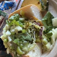 Regular size (can’t see it here due to the big pile of toppings, but they do add several slices of vegan deli cuts)  at Sub Machine in Lancaster