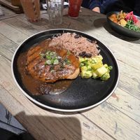 Vegan jerk chicken peas and rice with pineapple  at Turtle Bay in Birmingham