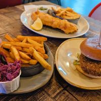 From left to right: Chick'n Honey Wonder, Fish & Chips, and Southern Fried Chick'n Style at Vegan House in Chester