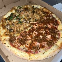 Half thai chicken, half meatlovers   at Pi Vegan Pizzeria in Seattle