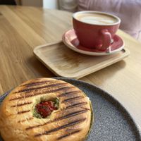 chai latte and “goat” bagel  at Share Sweet & Wine Bar in Prague